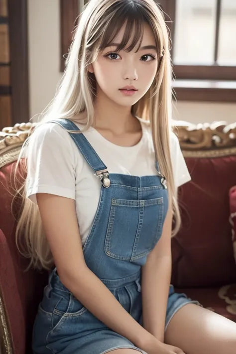 +Masterpiece,  best quality ,  very detailed ,   high school girl,  beautiful faces,  rich details , (Long white hair),  Perfect Face ,   overalls,  sitting , close-up, Shabby sofa