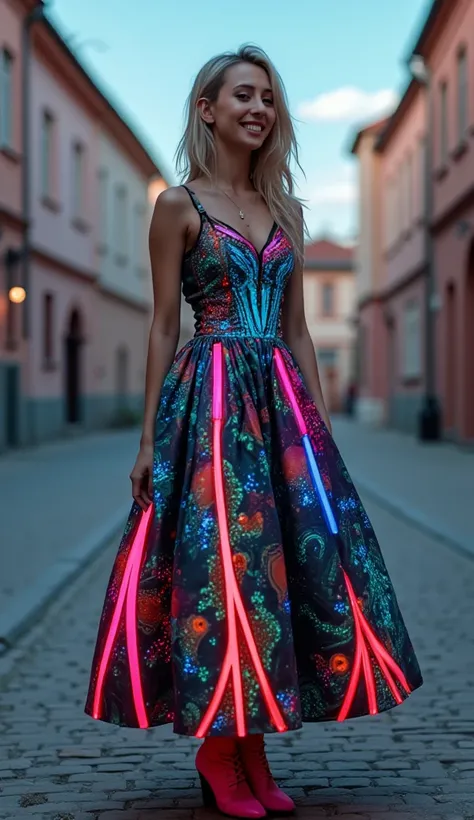 Smiling young Polish Silesian woman in a very futuristic version of a dress that only resembles the classic Silesian one, with dim neons in the dress, the dress is alsow colorful, full-body view from head to feet. The background is an old cityscape of Ruda...