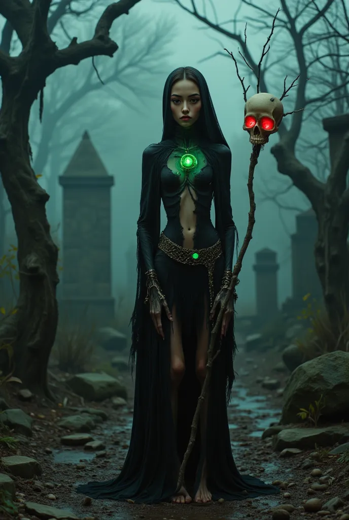 A skinny young Chinese girl, 18 years old, with an extremely slender body and fragile and delicate appearance. She has a small bust,  thin waist and long, thin legs , with a gap between the thighs. A necromancer wrapped in a ragged black cloak,  that seems...