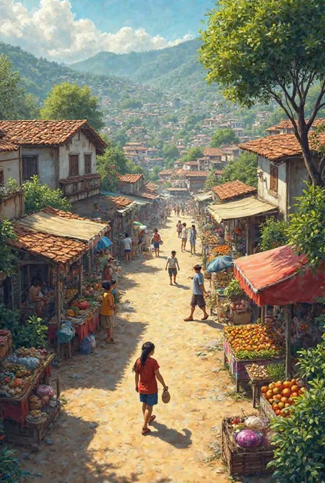 Village scene: A small village, where between houses there is a busy environment in the form of vegetables, trees and a local market. 
5 pick 