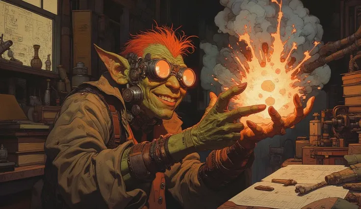 Energetic goblin tinkerer, a genius inventor who builds contraptions from scrap and junk. He wears welding goggles over his eyes, the lenses reflecting the fiery glow of his latest creation—an unstable, crackling explosive device emitting bright orange spa...