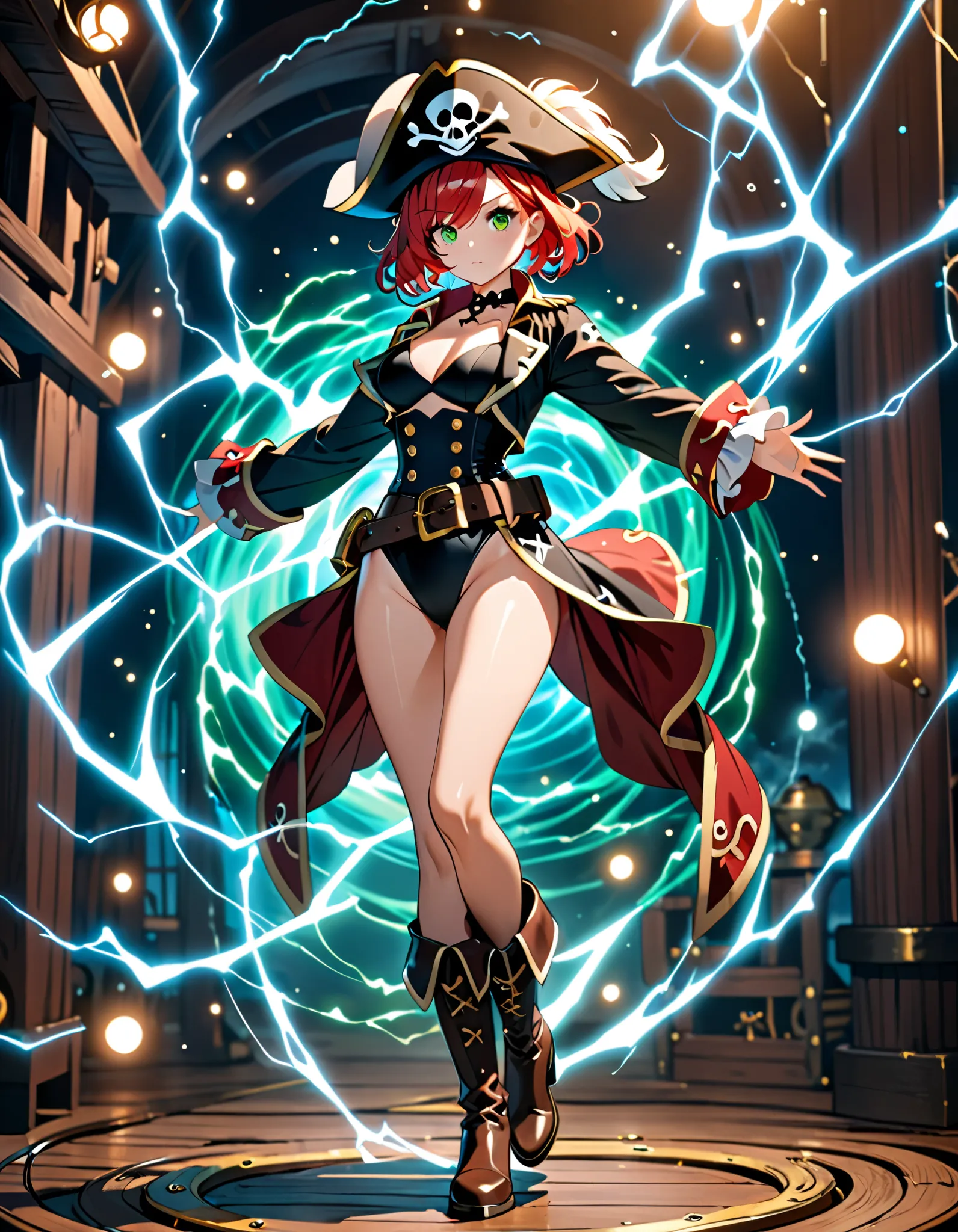 1girl, solo, masterpiece, best quality, highly detailed, (black leotard, long sleeves, pirate costume, pirate hat, pirate boots), body infused with electricity, lighting, particles, redhead, green eyes, blue aura, energy field, full body shot, depth of fie...