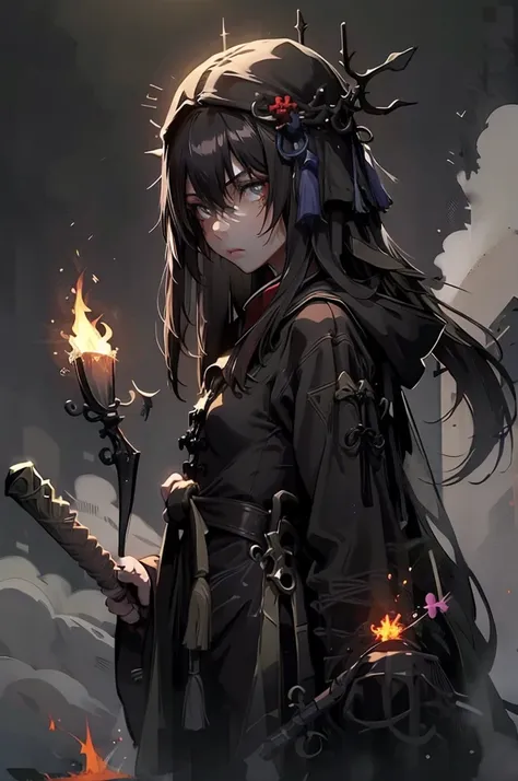 in the hood, older (masterpiece), best quality, expressive eyes, perfect face(masterpiece), best quality, expressive eyes, perfect face. A reimagined version of Hu Tao, without a headdress, fire around, a spear with flame in her hands, she is grown up and ...