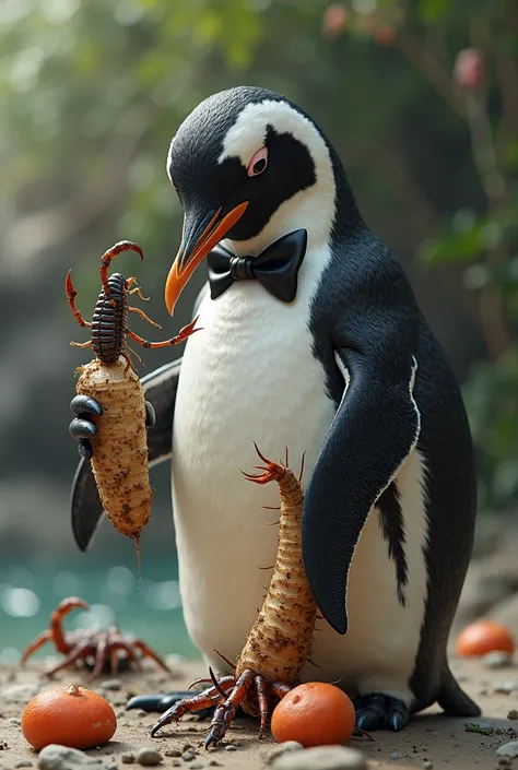 A penguin eating a large yuca adding a scorpion to the image