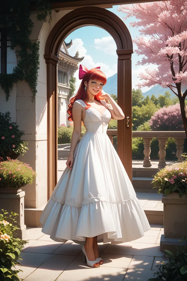 　1 woman, 
　22 years old,
　dress,
　heel,
　is smiling,
　cherry tree at the entrance ceremony