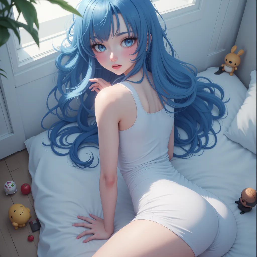 Alone, 1 , High resolution, Long hair, breasts, Blush, Rice,  blue eyes, blue hair, toys, 