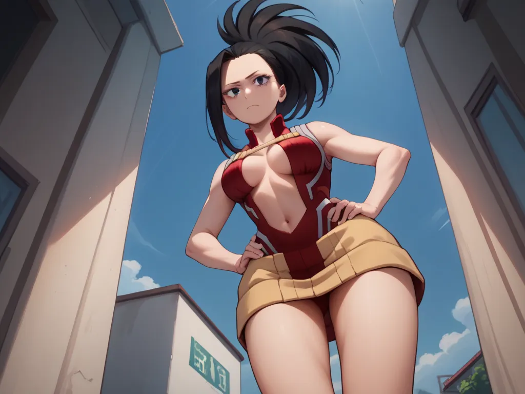 1girl, yaoyorozumomo, black eyes, black hair, ponytail, long hair, hair pulled back, center opening, cleavage, red leotard, navel, bare legs, thighs, from below, hands on hips, front of viewer, thin body, from behind