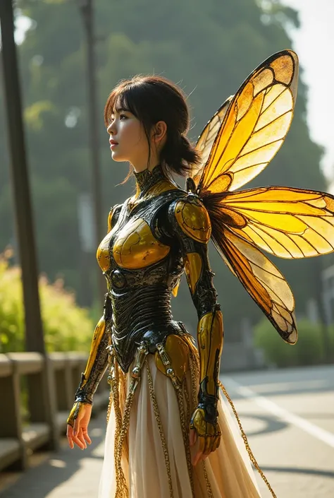 Insect-type Cyborg Girl, (top-quality:1.2, masterpiece), ultra-high resolution, ultimately surrealism, (Photorealsitic:1.4), (Like a queen bee (mechanical:1.4), (armor:1.1)), mechanical large wings, Yellow and black porcelain body resembling a wasp, mechan...