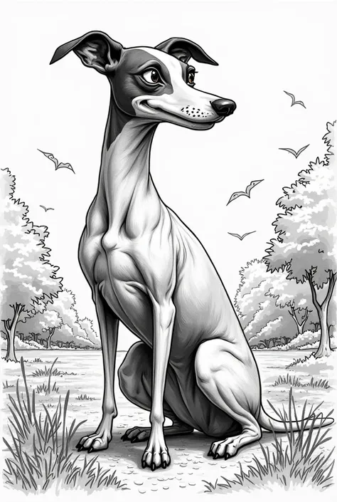 Make an unrealistic black and white drawing of a dog in the park, The dog breed is Whippet NOT REALISTIC