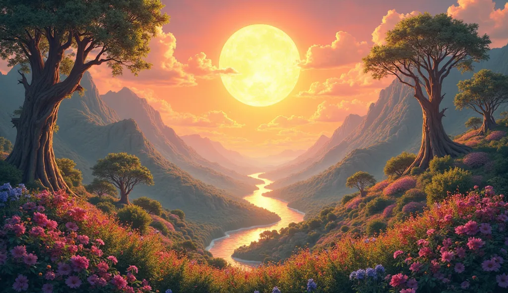 a very illuminated landscape with flowers and trees, In the background there is a river. The sun is incandescent