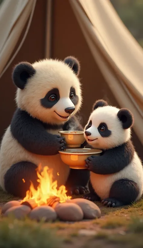 A fire is burning outside a tent and a baby bear is feeding soup to a baby panda