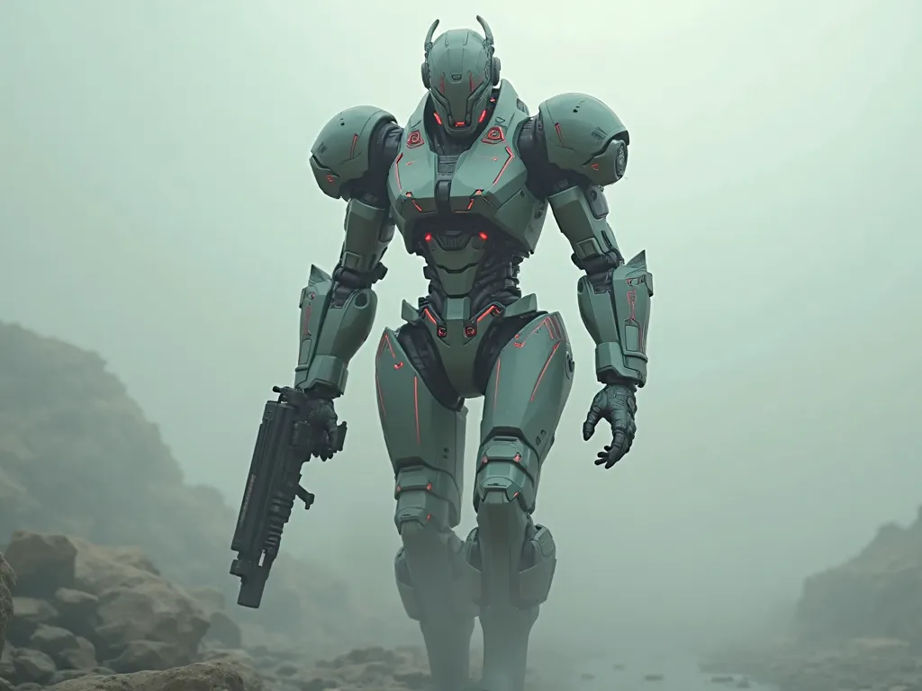 masterpiece, dynamic, realistic, emerging from the fog, black android, no face, red line, mechanical, Full body armed, complex mechanism, ready for battle, 