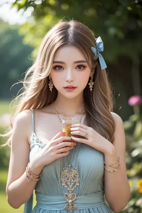  One Girl ,  long hair, Light Hair Color,  enchanting eyes,  Mysterious Expressions , Mature Appearance, Attractive dress,  Relaxed Dress, Graceful Jewels , Intricate decoration, Magic symbols, Glowing Accessories,  potion , Scroll, Cute accent, bow, ribbo...