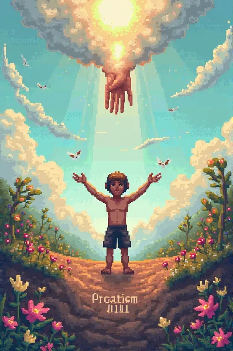 **Prompt para creation de Arte Pixel: A creation de Adão**

**Dimensions:** 1920 x 1080 pixels  
**Style:** Pixel art

** Description of the Scenario :**
Create a vibrant and detailed scene that represents the creation of Adam, As described in the biblical...