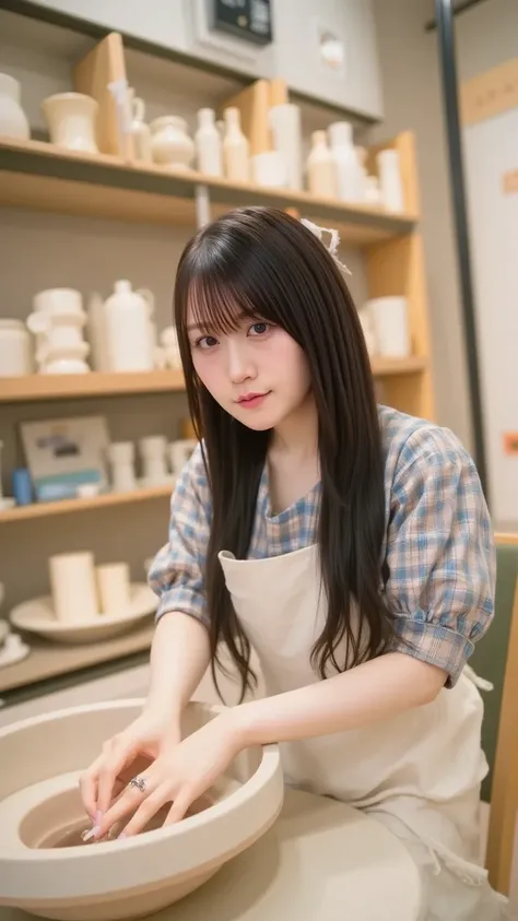 "A charming Japanese woman wearing an apron, focused on creating pottery. She is seated at a pottery wheel, shaping clay with delicate hands. Her expression is serene and concentrated, showcasing her skill and dedication. The background features a cozy, we...