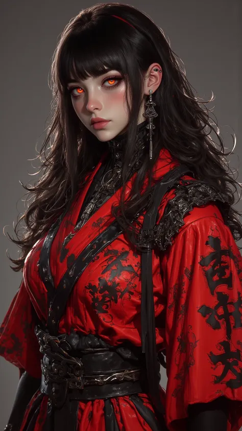  A realistic masterpiece digital painting ，Shows a mysterious female warrior ，It has beautiful and glowing orange eyes ， standing in a dramatic pose 。 This female warrior has a tenacious and fearless eye，Dressed in a shabby red kimono 。