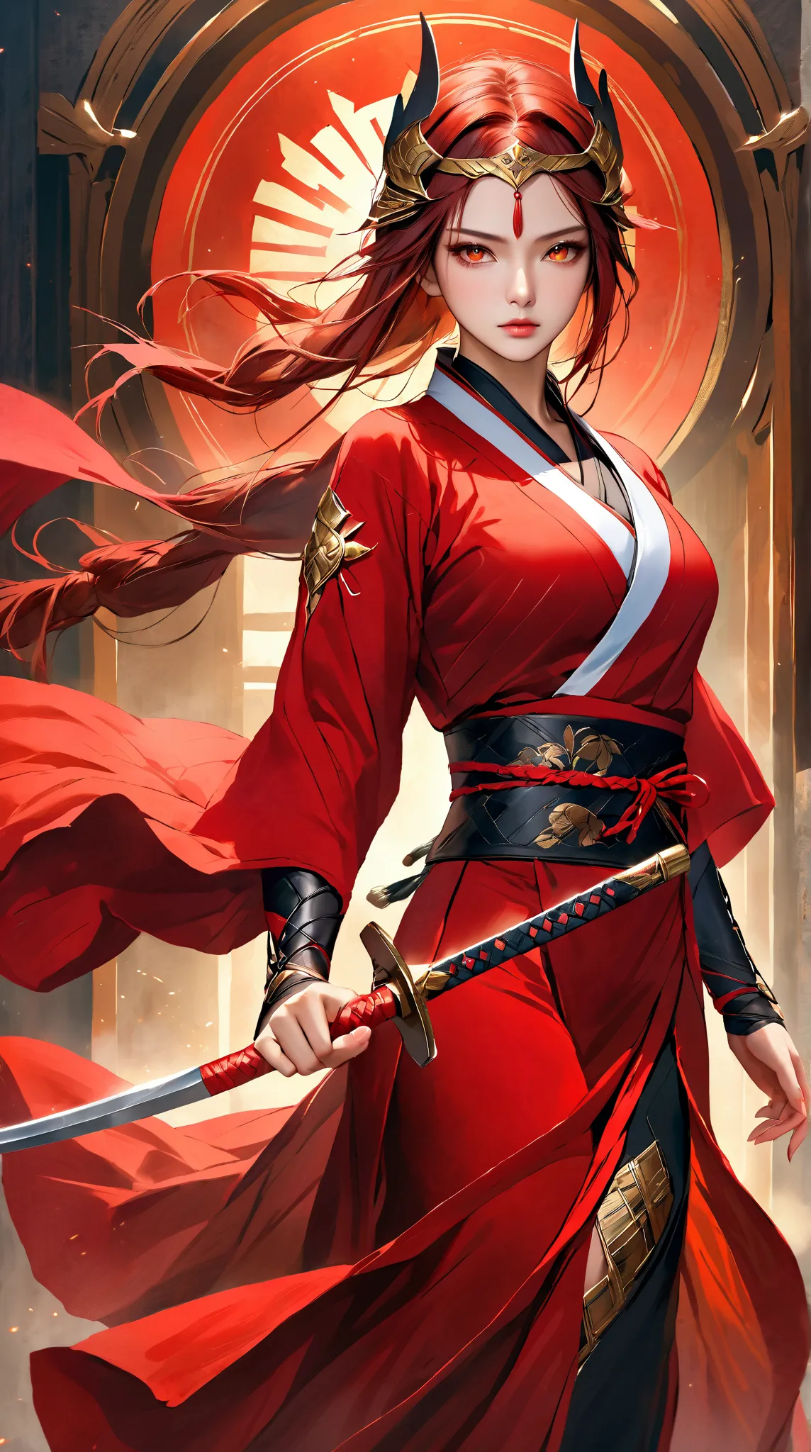  A realistic masterpiece digital painting ，Shows a mysterious female warrior ，It has beautiful and glowing orange eyes ， standing in a dramatic pose 。 This female warrior has a tenacious and fearless eye，Dressed in a shabby red kimono 。