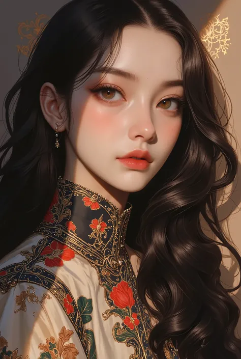 ((best quality)), ((masterpiece)), (detailed), Create a portrait of a young, stunningly beautiful woman with sleek, long black hair that flows naturally and shines under soft lighting. She has radiant, flawless skin with light, natural makeup accentuating ...
