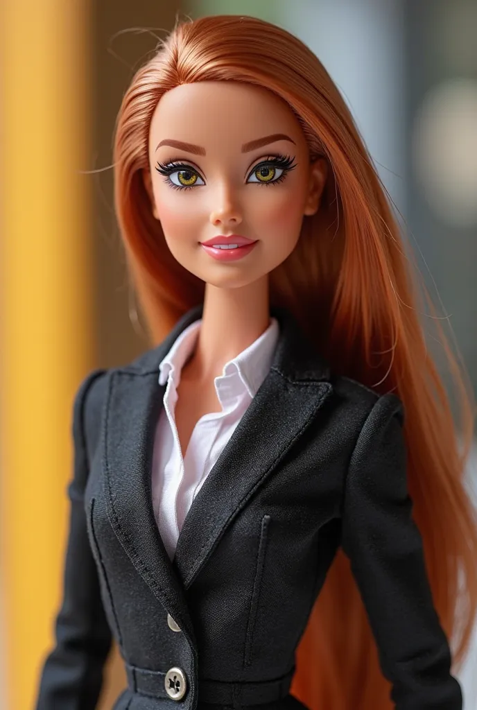 Create a Barbie box with a doll that he has in uniform, Does he have a blazer, It's executive, He has copper-brown hair, Pulling orange  , That is in a box with your accessories that doesn't say Barbie please 