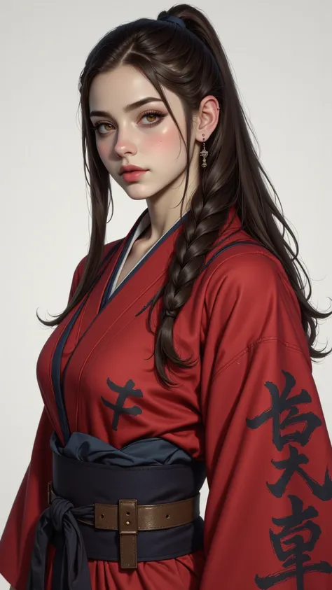  A realistic masterpiece digital painting ，Shows a mysterious female warrior ，It has beautiful and glowing orange eyes ， standing in a dramatic pose 。 This female warrior has a tenacious and fearless eye，Dressed in a shabby red kimono 。