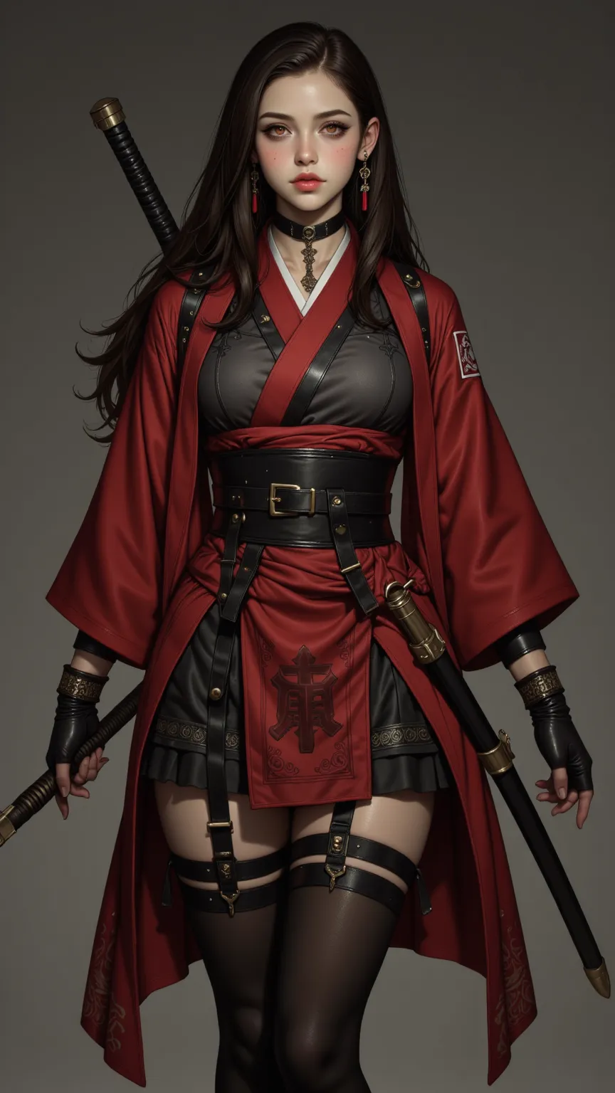  A realistic masterpiece digital painting ，Shows a mysterious female warrior ，It has beautiful and glowing orange eyes ， standing in a dramatic pose 。 This female warrior has a tenacious and fearless eye，Dressed in a shabby red kimono 。