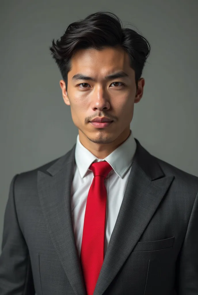 One in a suit with red tie, young man with dark eyes 