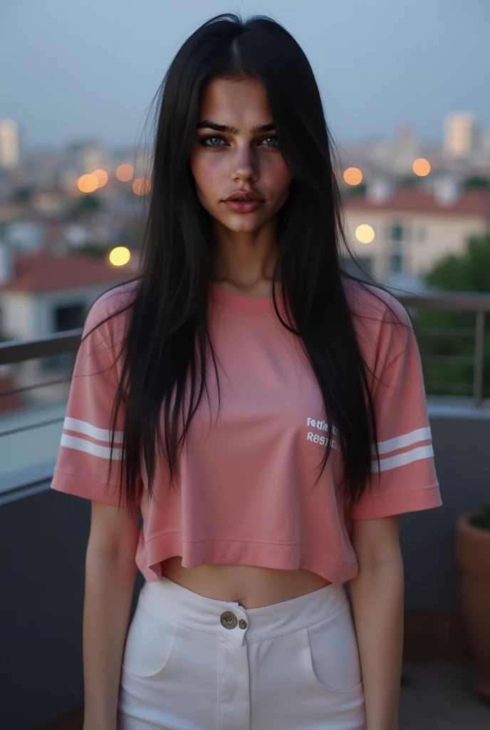 An innocent-looking woman with long straight black hair,  slender legs , slender , with a tender and expressive face with captivating eyes and a hint of blush. She wears white leggings at hip height, a pink shirt with white stripes. She is on a terrace of ...