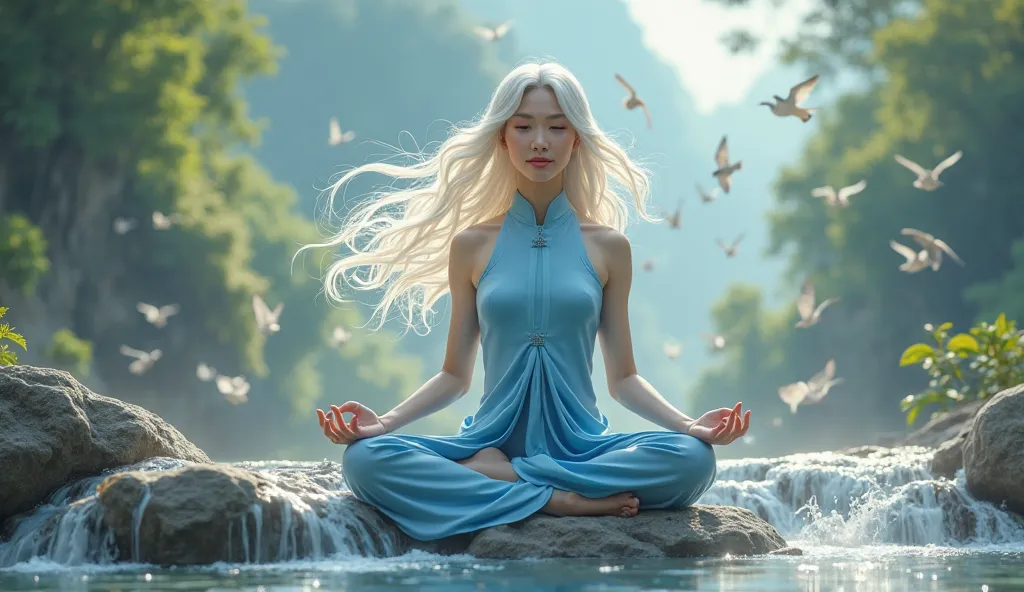 A beautiful young woman with Asian features, long, beautiful and voluptuous white hair that moves gently in the wind is sitting, she is in this meditation posture, she has a beautiful and luxurious traditional blue Chinese suit, she is in the middle of nat...