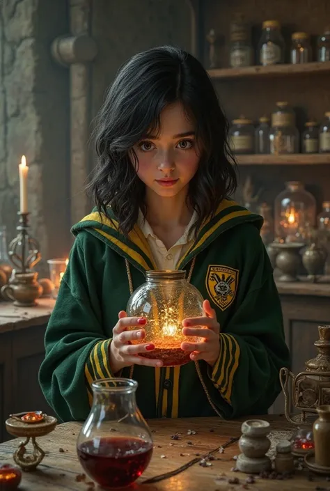 Black-haired girl from Hufflepuff in potions class drinking a liquid found inside a glass jar 