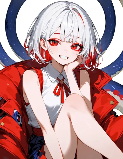 girl, white hairเข้ม, in bright red eyes , red eyeshadow, short hair ,girlงู,Miko,Oroji ,Snake Hair ,In a venomous eye, ,Sasha menu , Sleeveless Top,Long sleeve ,, with white earrings ,Multi-colored hair, multi colour hair, white hair, Light Red Hair ,Roun...