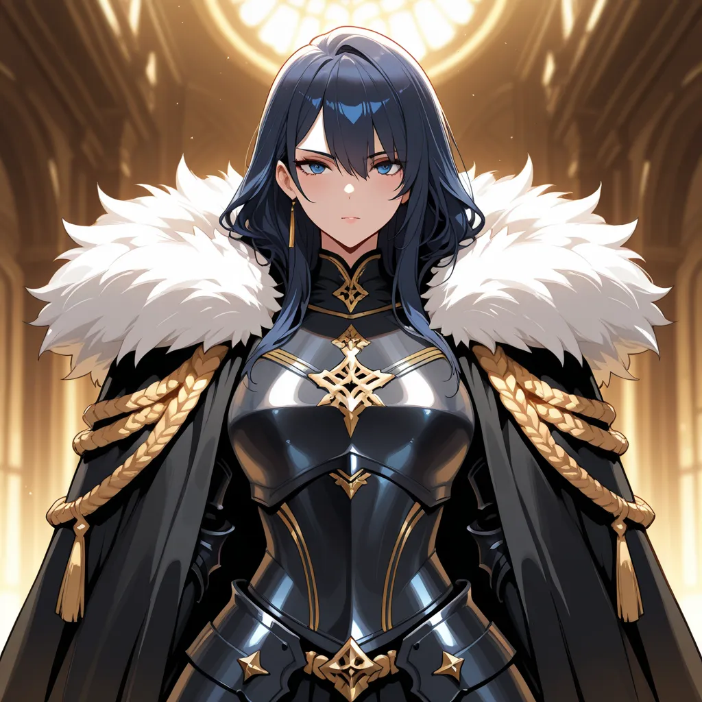 masterpiece,best quality,Very accurate,woman,lady-knights,anime,heavy armour,luxurious cloak,fur trim,Twin Axes,