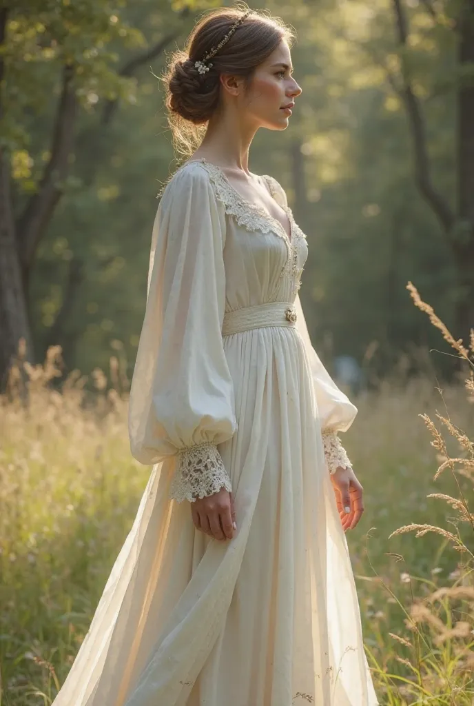 Simple medieval white dress, long sleeve clothing, seen from the side