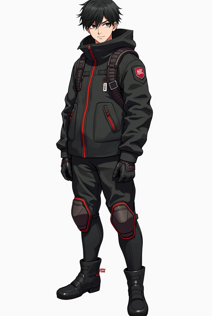 A full-body character illustration of a mysterious young man with black hair, depicted in a highly detailed and semi-realistic painting style inspired by Akihiko Yoshida and Mel Kishida. He wears a sleek, black shell diving drysuit with red accents, simila...