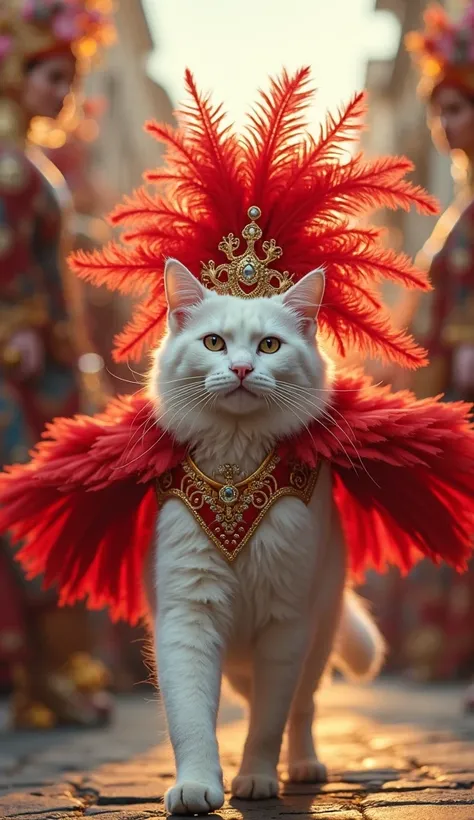 A cinematic photograph of a female White cat wearing a red carnival costume with gold details with a very shiny crown of red feathers  , Cheerfully sambando at a street carnival