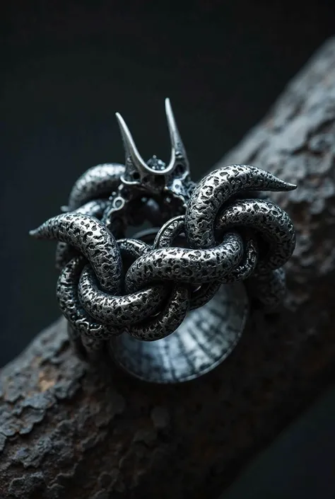 a simple silver bracelet with interlinked fangs that turned from silver to obsidian 