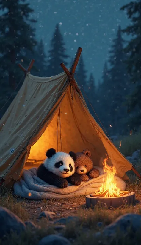 A fire is burning outside the tent and Baby Panda and Baby Bear are sleeping under blankets in the tent.