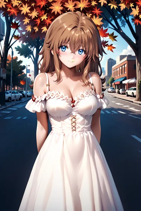 woman、 beautiful and well-groomed breasts 、Brown hair hair 、rich contrast、 Extremely High Quality 、8k、Very Delicate CG Unit、Wallpaper Ultra Wide Angle、nsfw, 1woman,small eyes,bangs between eyes,medium breasts,
White dress,off shoulder dress,city,street,tre...