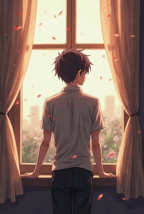 Create an image of a male anime character sitting looking out the window 