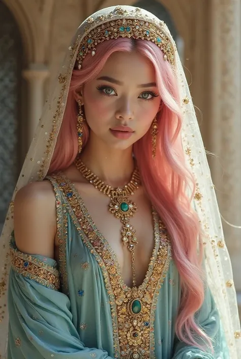 A young woman with Asian features of long, slightly wavy pink hair,  framing her delicate face . Her green eyes are expressive and captivating. She wears a typical Arabian costume: a long flowing dress in shades of blue and gold, richly embroidered with ge...