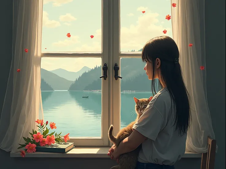 Girl holding a cat and looking out through a window　Outside is a lake　lonely atmosphere　long straight hair　Sunlight comes in from outside　On the windowsill１Book Flowers　Only flowers are colored