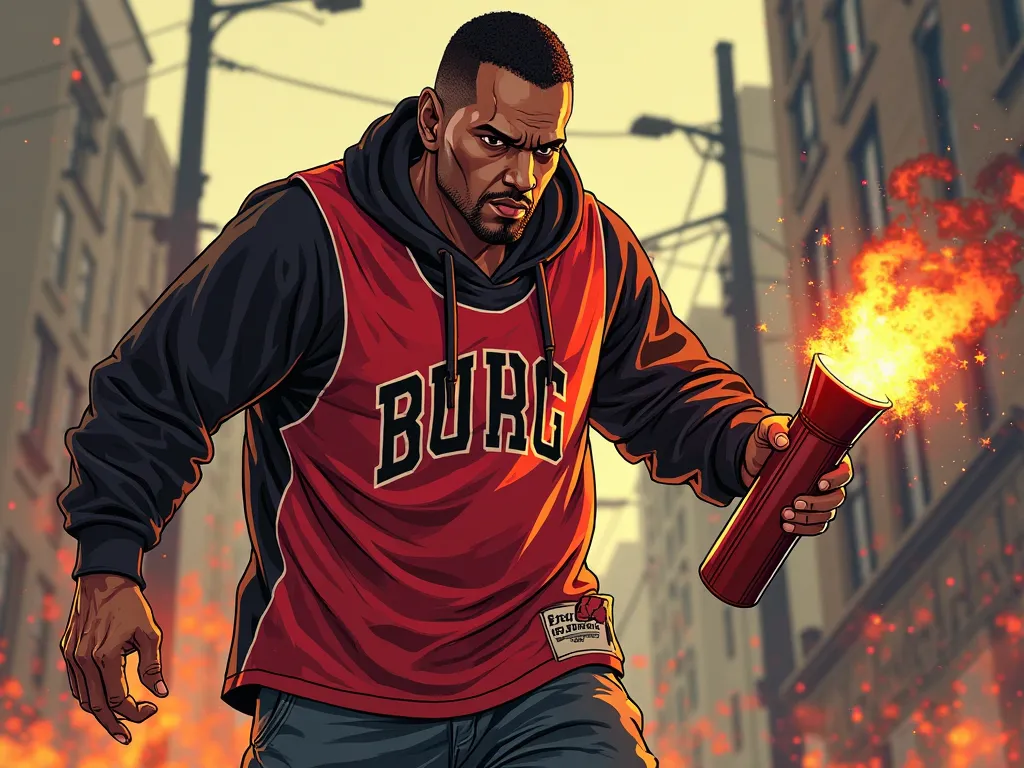 The GTA San Andreas ID 21 skin with a red and black jersey and a Molotov cocktail, the image vectorized in the same style as GTA San Andreas by Rockstar Games.