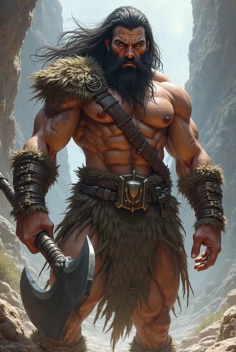 agora, I need you to create a barbarian,  only from the waist up, a strong barbarian, long black hair, to look serious and fierce, a strong axe in your hand, a powerful weapon, brown eyes