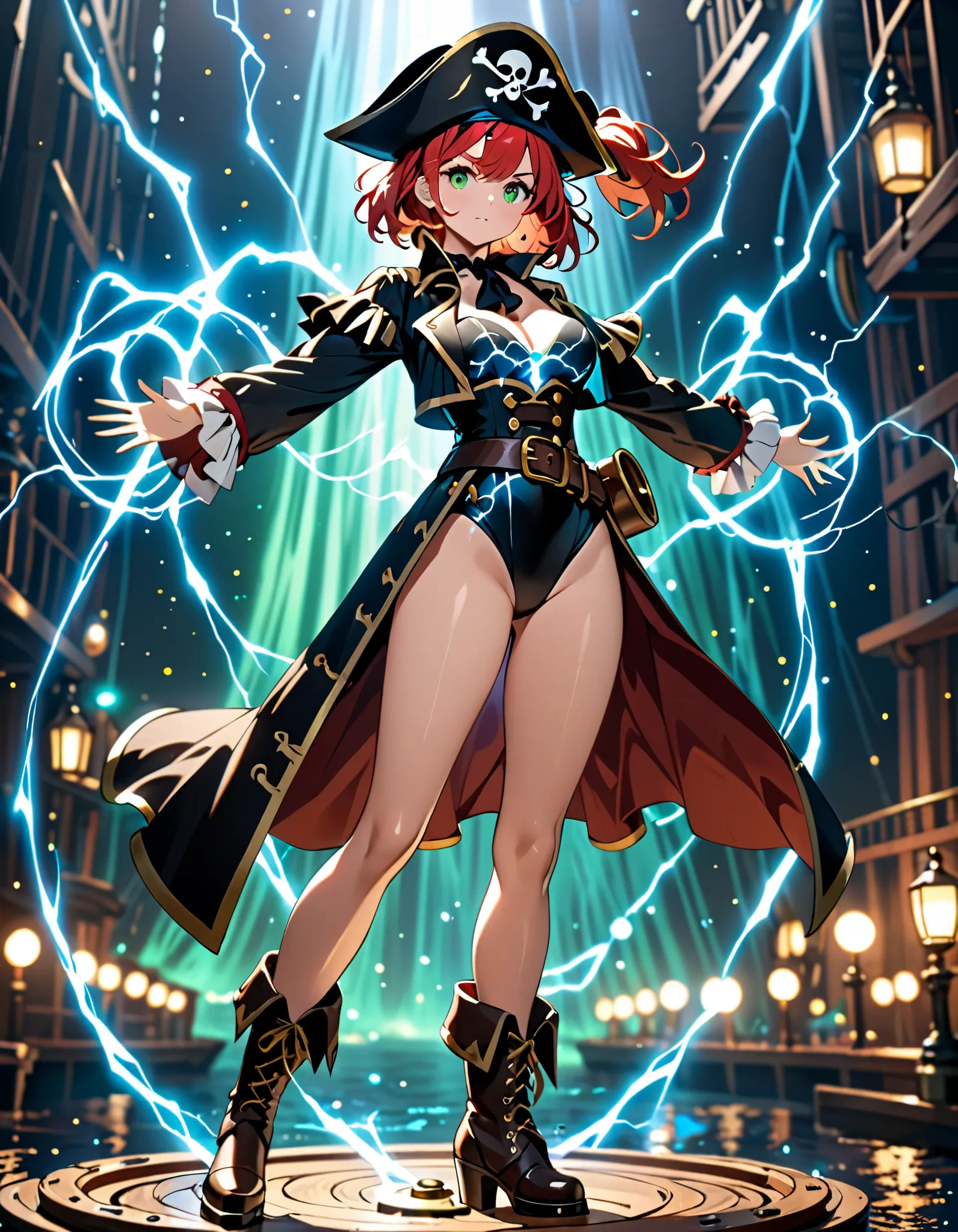 1girl, solo, masterpiece, best quality, highly detailed, (black leotard, long sleeves, pirate costume, pirate hat, pirate boots), body infused with electricity, lighting, particles, redhead, green eyes, blue aura, energy field, full body shot, depth of fie...