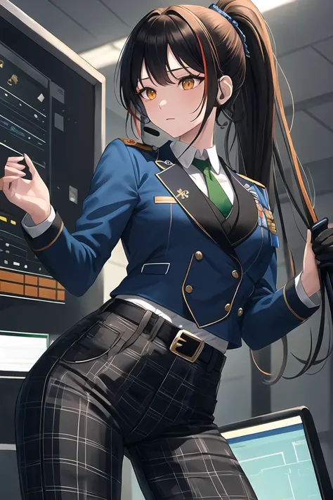  Orange Highlights, , orange eyes,   black hair,  long hair, streaked hair, ponytail metal hair band, uniform、 headset、blue jacket , cropped jacket,  Long Sleeve,  black vest, Tone vest ,  Black Glove,  green tie,  Plaid Necktie, black pants,  High Waist P...