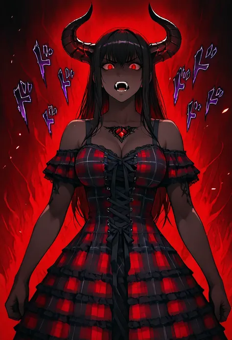 anime beautiful demon girl, detailed dark fantasy character portrait, female demon with horns, long dark hair, intense glowing red eyes, sharp fangs, demonic facial features, menacing expression, powerful pose, dark smoky ethereal background, dramatic mood...