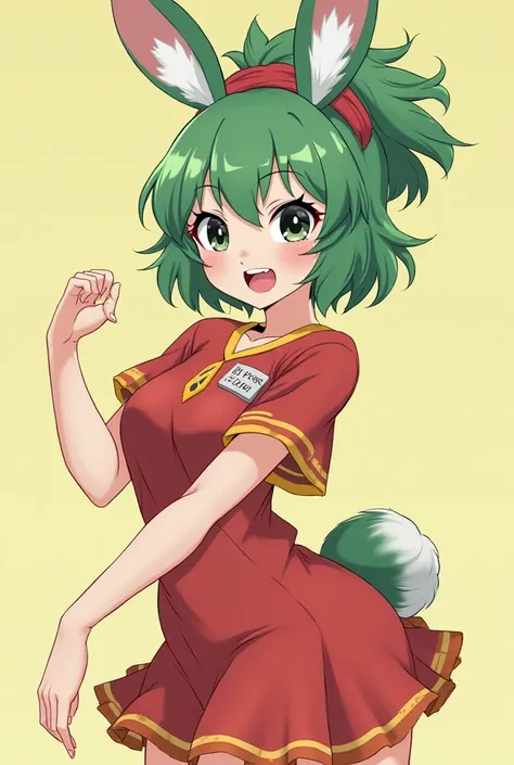 Anime style and hairy green rabbit girl with three little hairs on her head and her fluffy and big ears tied up in a red garter and worn like a chongo and a red t-shirt and yellow collar and yellow sleeves and a line down in a t-shirt and a red skirt and w...