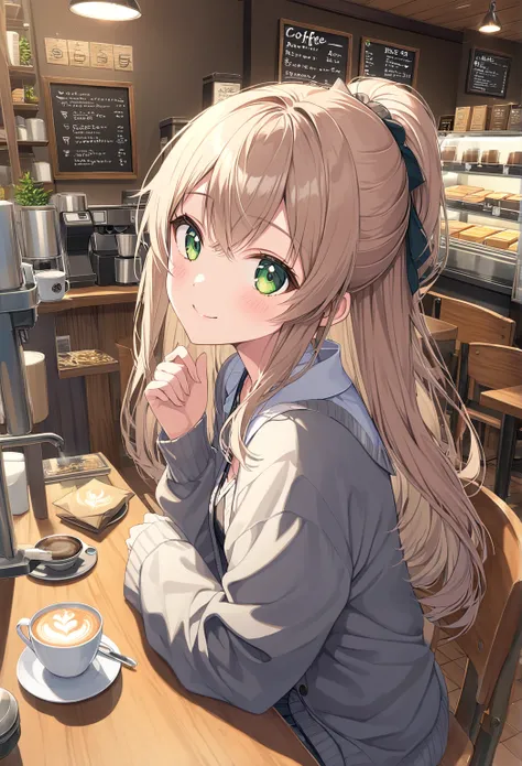 best quality, ultra detailed, absolutely resolution、woman 、alone、light brown hair、long hair、half updo、big eyes、Dark green eyes、looking up、beaming smile、blush、own hands together、head tilt、Cardigan、sleeves past wrists、 coffee shop、Sit on a chair、from side、lo...