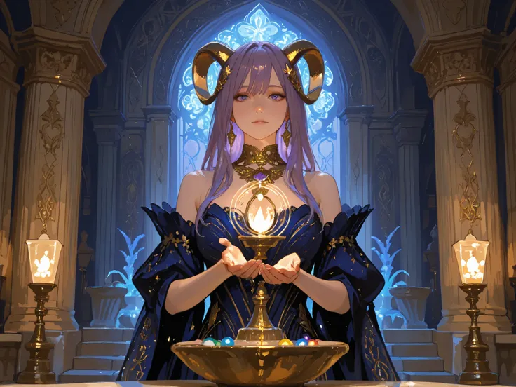 A regal and enigmatic figure stands tall, exuding authority and grace, rendered in a fantastical, painterly style. Her long, dark curls frame her face, adorned with jeweled hairpins and crowned with magnificent golden ram horns, their spiral patterns gleam...