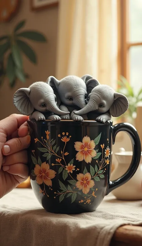 three extremely cute and realistic baby elephants, with smooth gray skin and delicate wrinkles , snuggled inside a giant black ceramic mug.  The mug has detailed designs of exotic flowers , leaves and branches, forming an enchanting pattern in pastel color...