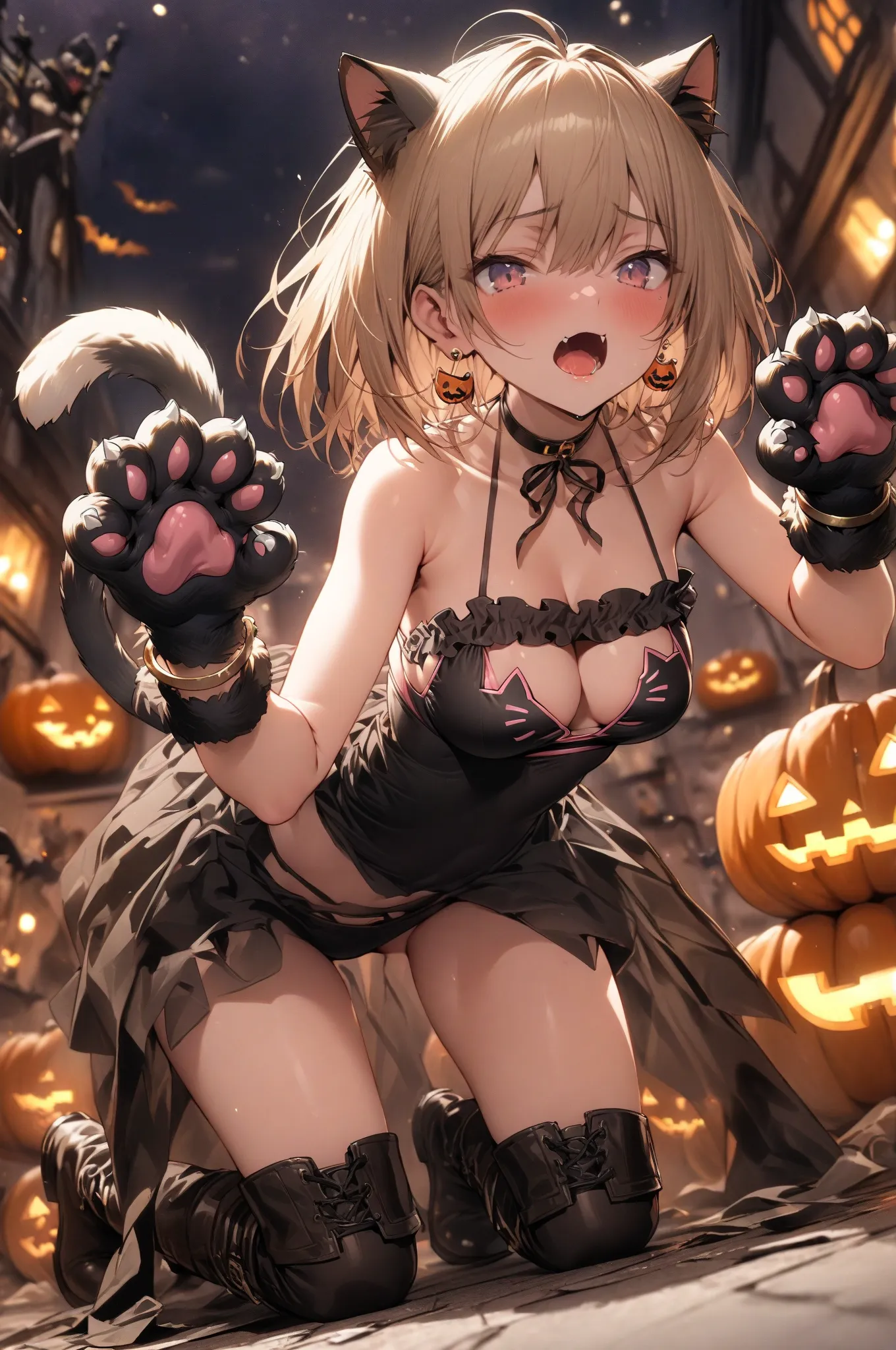 (masterpiece, detailed:1.2), One Girl, (18-years old), brown long Bob Cut, Medium Breasts, Sexy halloween, cat bikini, cat tail, cat hands gloves and boots, bracelet, earring, BREAK, Highest quality, BREAK, kneeling, Random Poses, Random angle, Random focu...